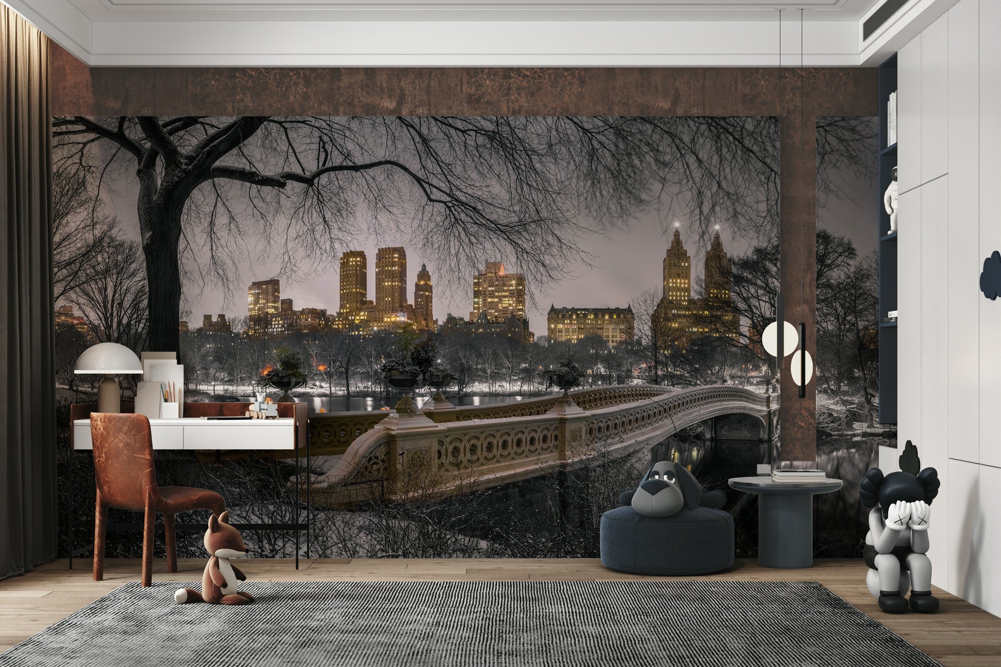 A minimalist home office with the scenic London wallpaper.

