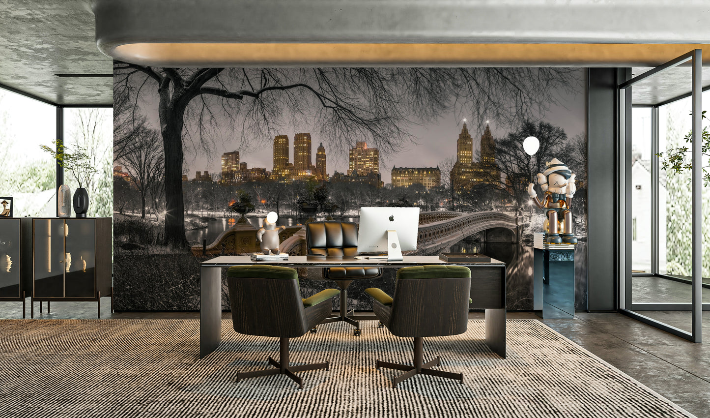A living room featuring the iconic city wall mural.

