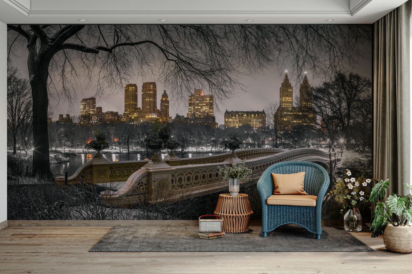 A detail shot of the elegant streetscape with warm glowing windows.

