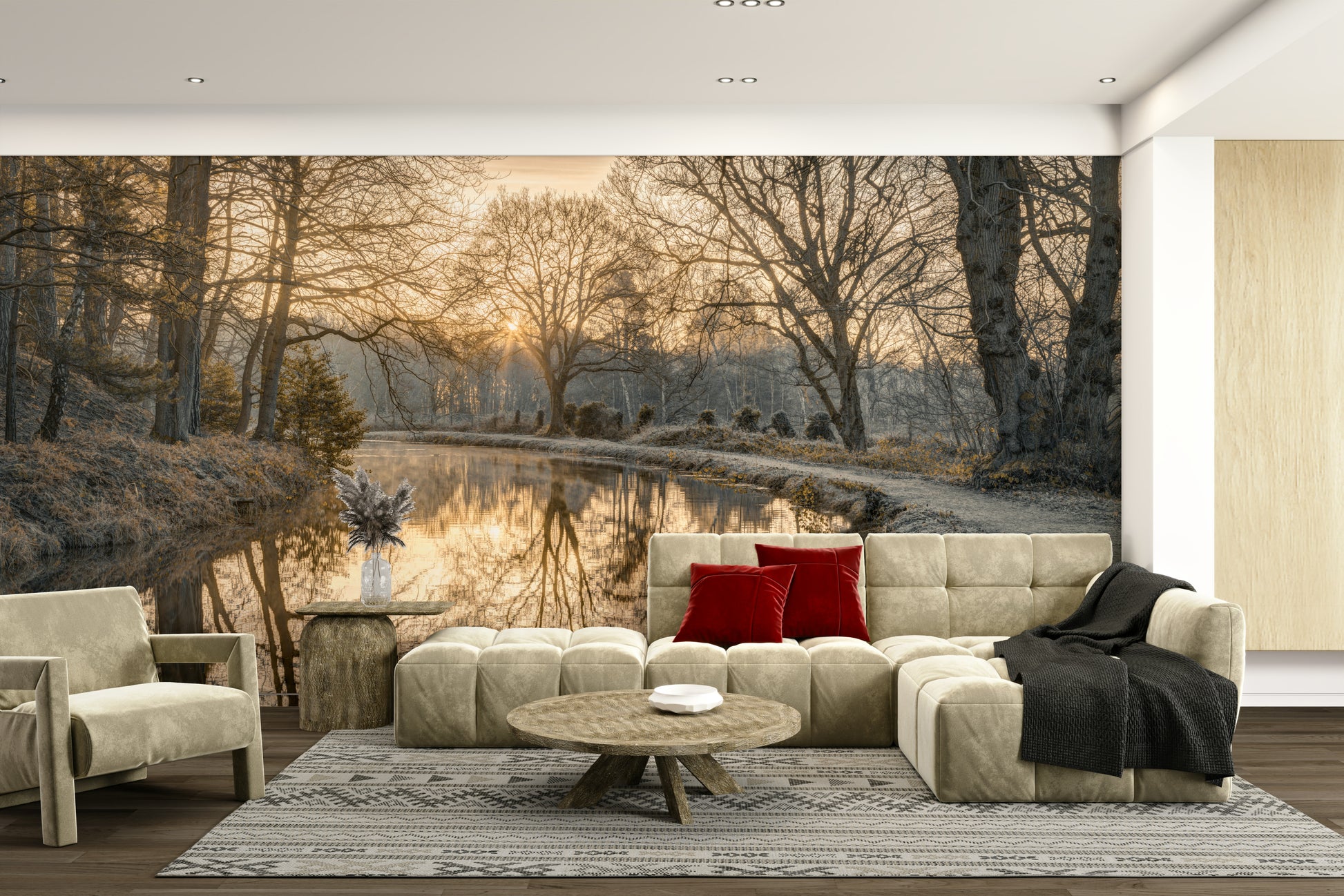 A minimalist interior with the winter landscape wallpaper.

