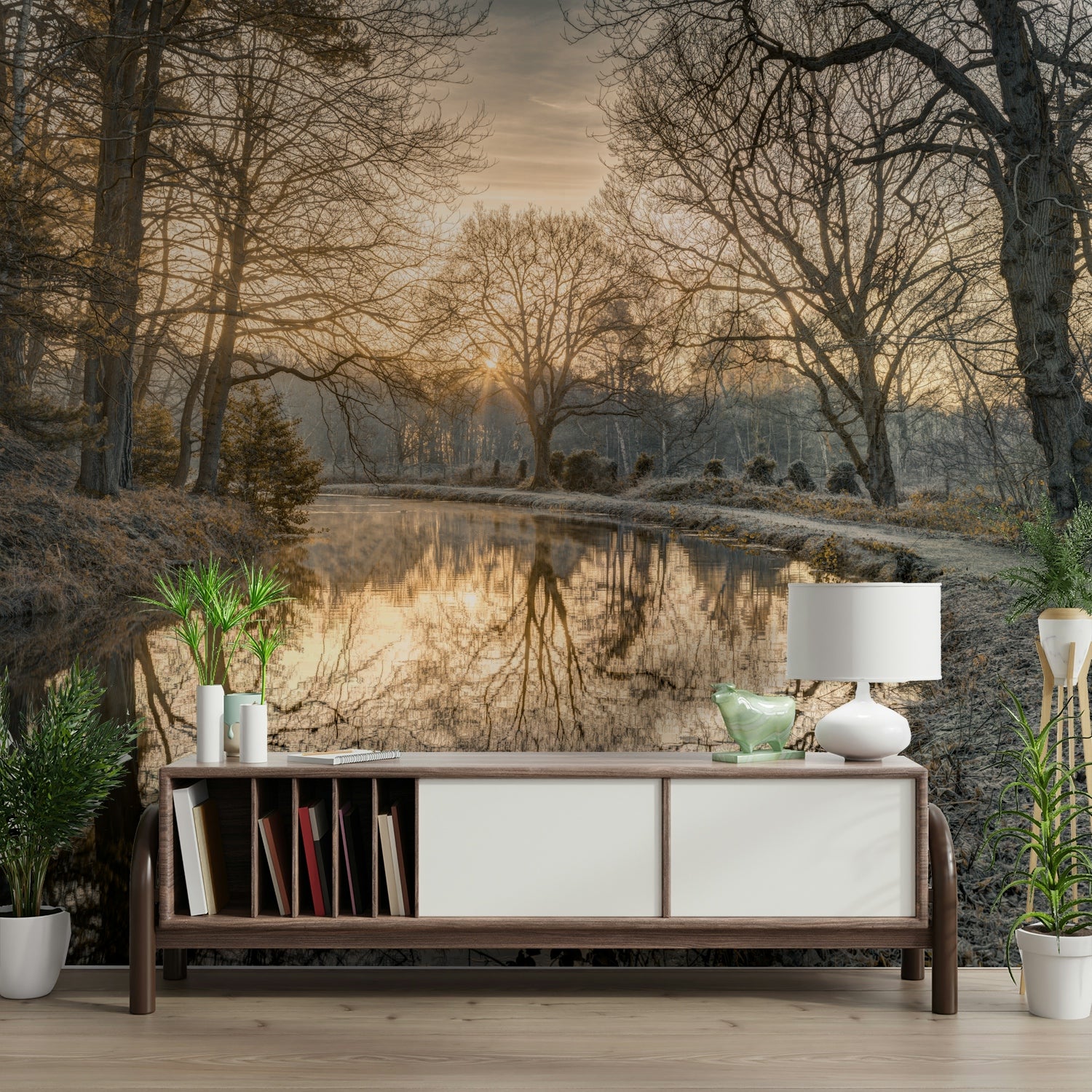 A beautiful, calm river with frosty reflections of trees on the water's surface.

