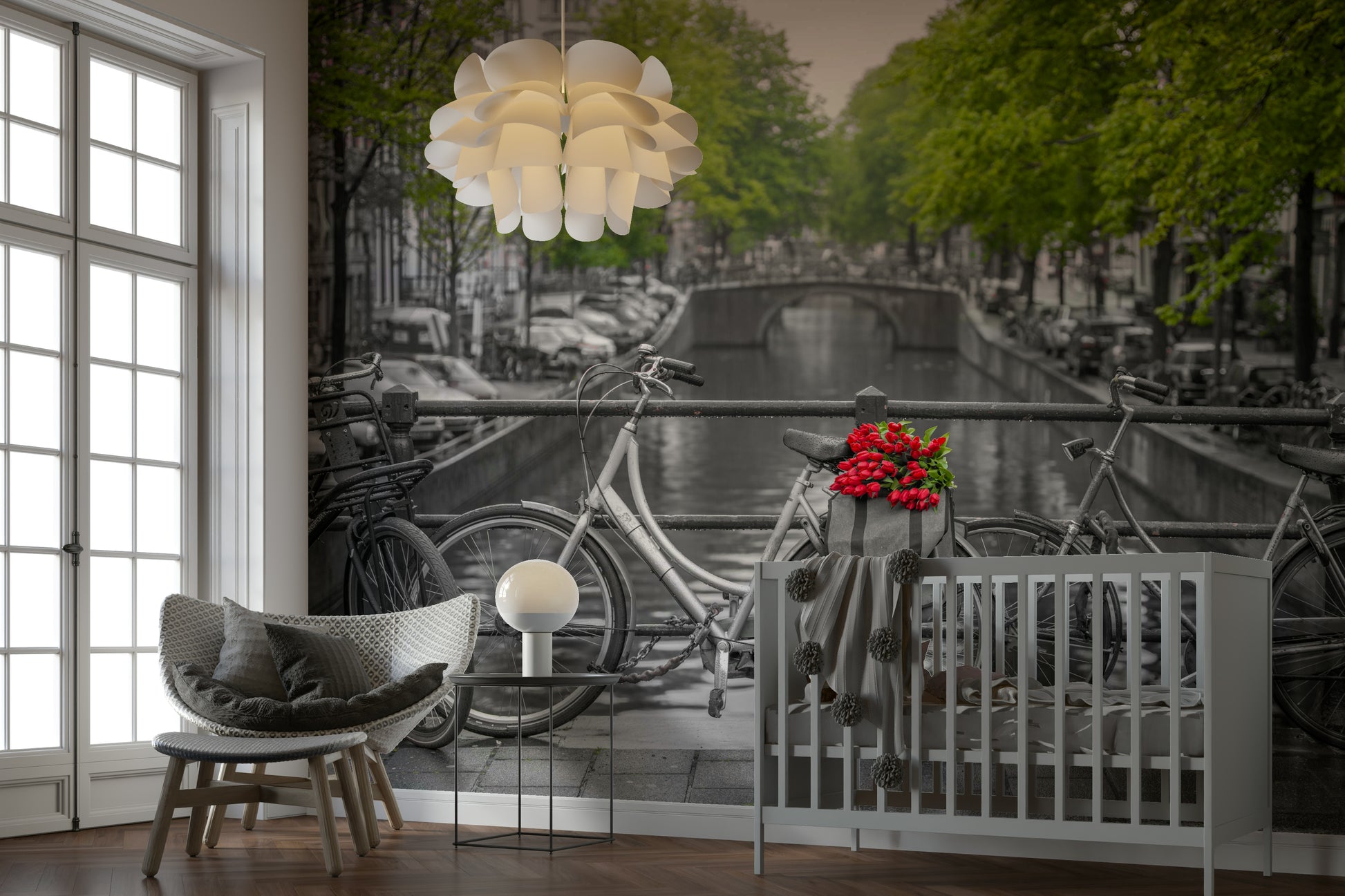 A minimalist interior with the Amsterdam-themed wallpaper.

