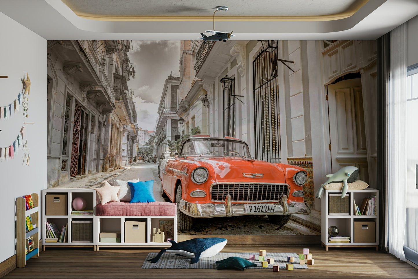 The wallpaper is used to create a feature wall in a dining room.

