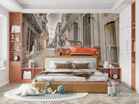 A minimalist home office with the Havana-themed wallpaper.

