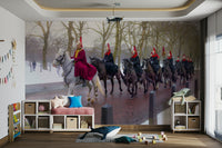 The wallpaper is used to create a feature wall in a dining room.

