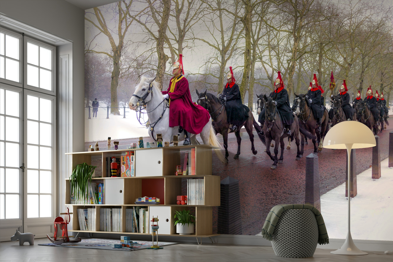 A beautiful modern living room with a guards on parade mural.

