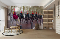 A minimalist home office with the iconic London wallpaper.

