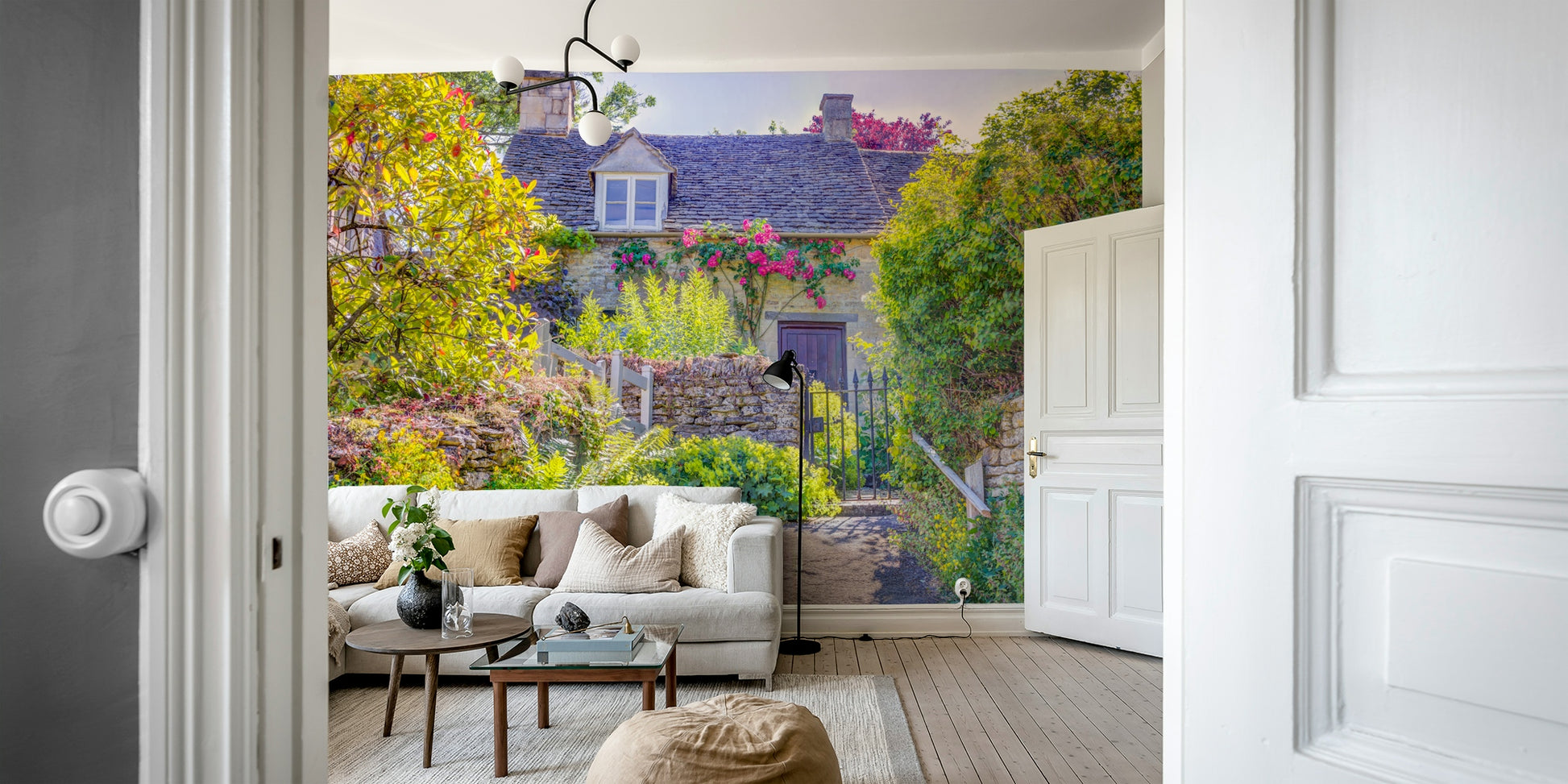 A living room featuring the rural cottage wall mural.

