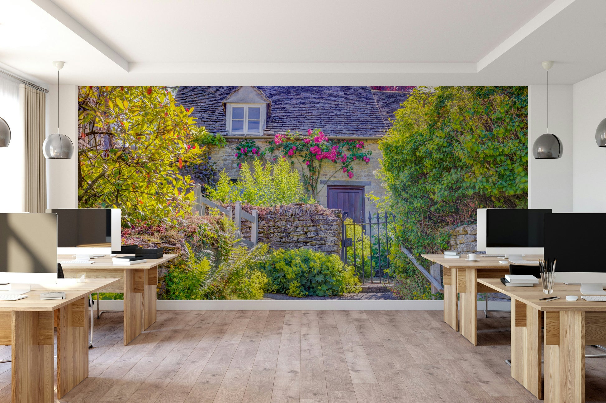 An angled shot of the mural's gentle color palette.

