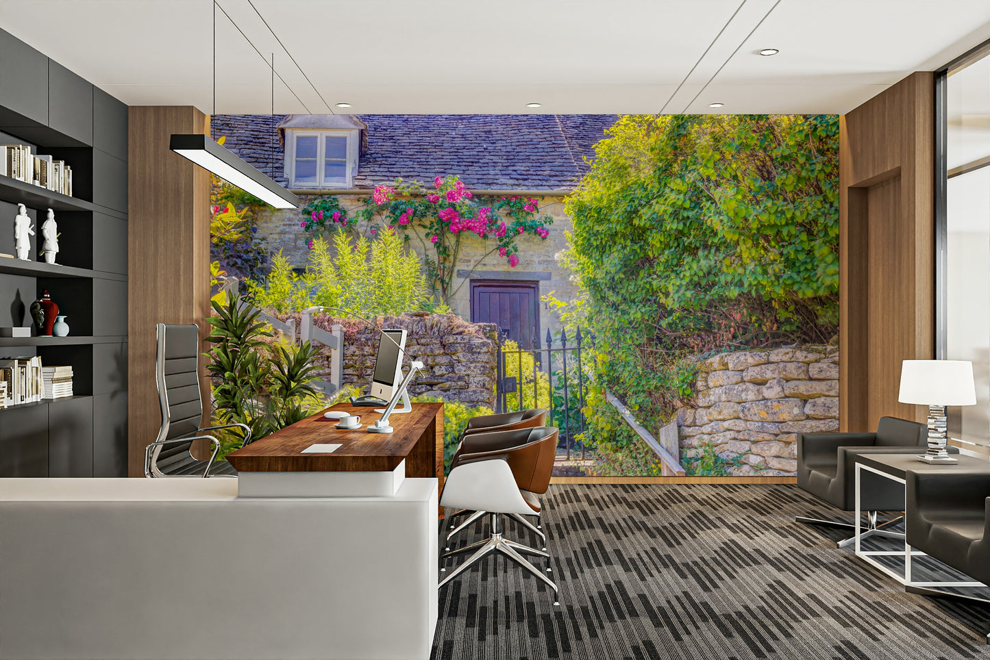 A beautiful charming wall mural of a quaint country cottage.

