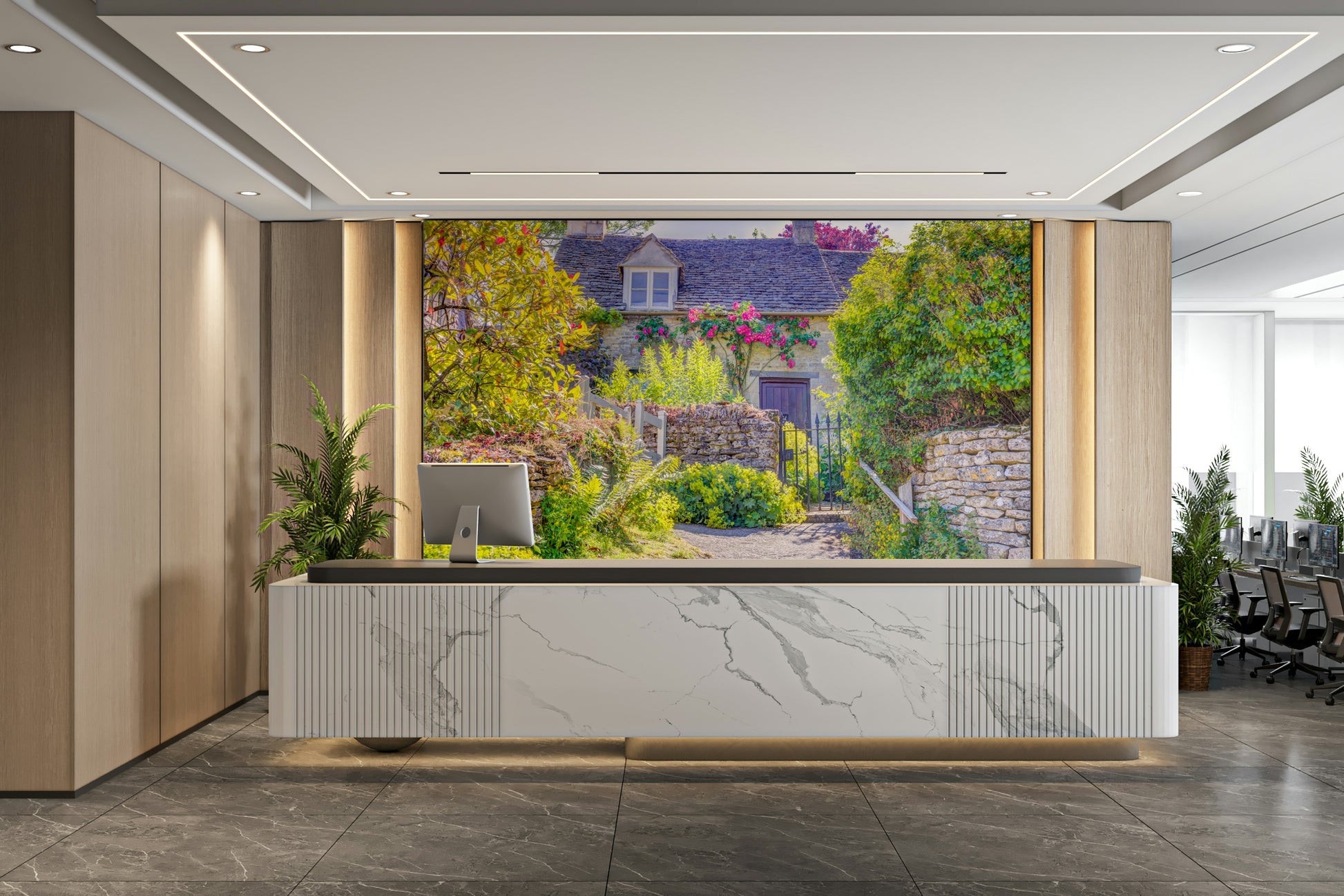 A high-angle view of the wall mural in a large space.

