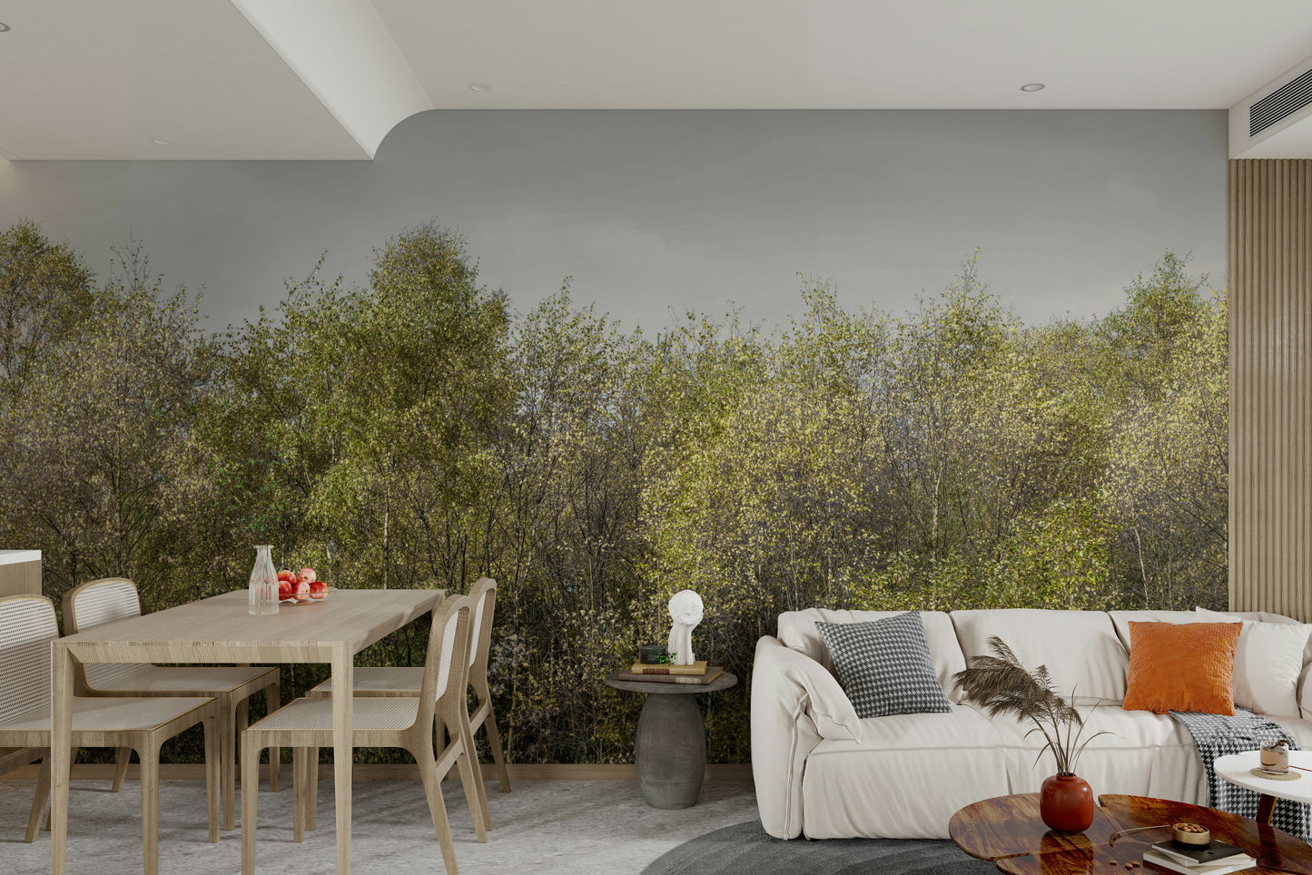A minimalist interior with the birch forest wallpaper.

