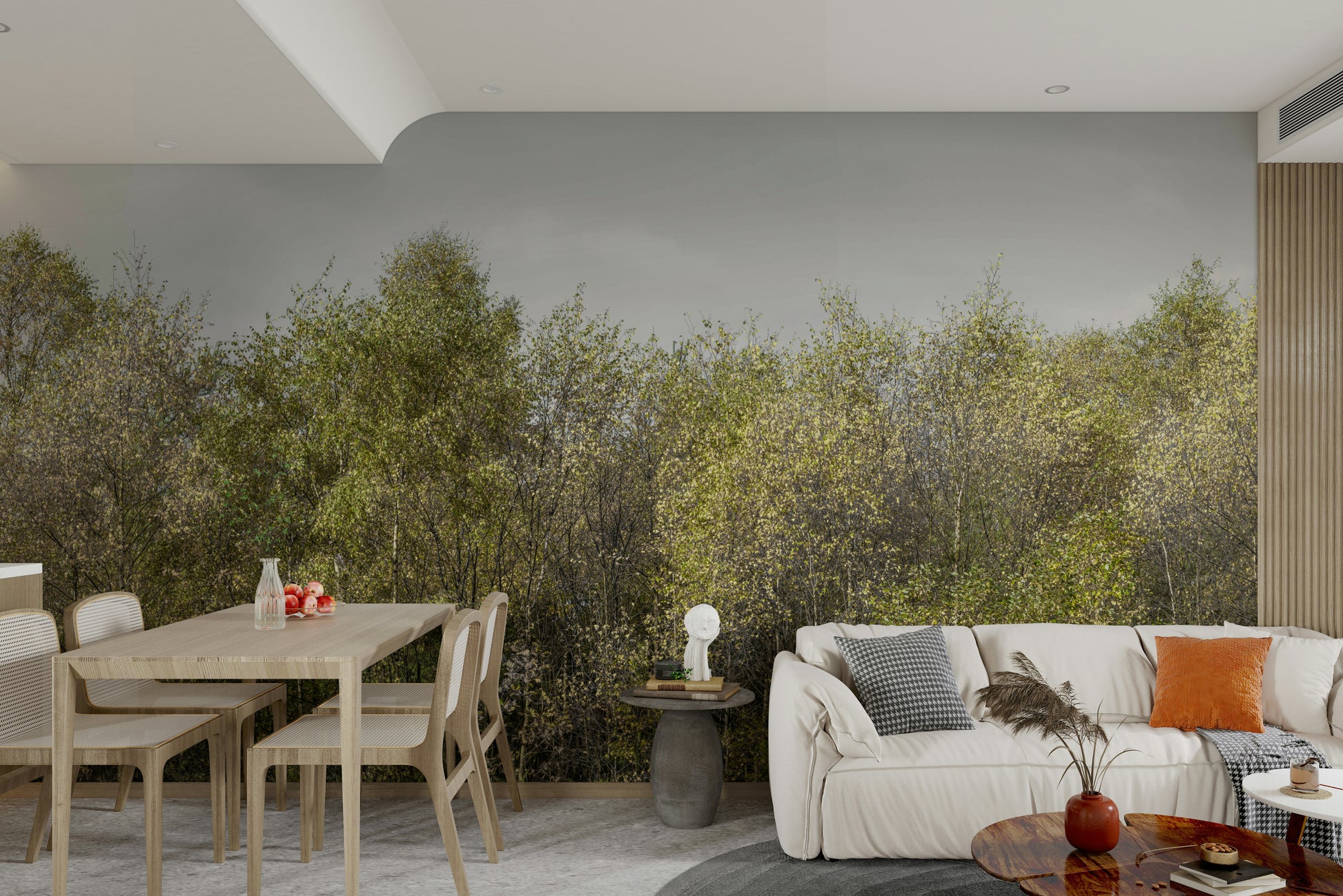 A minimalist interior with the birch forest wallpaper.

