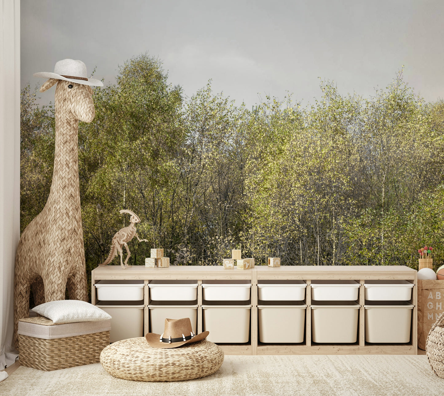 The wallpaper is used as a feature wall in a bedroom.

