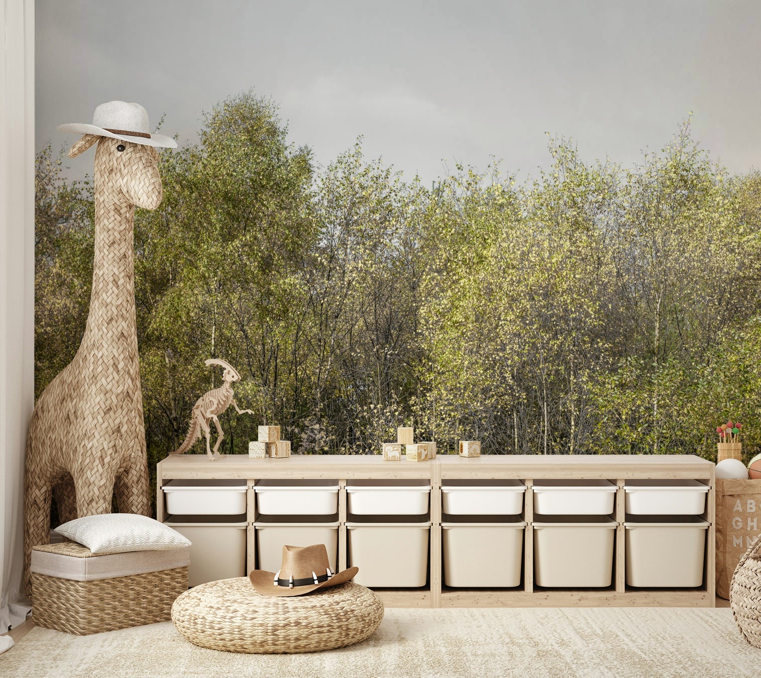 The wallpaper is used as a feature wall in a bedroom.

