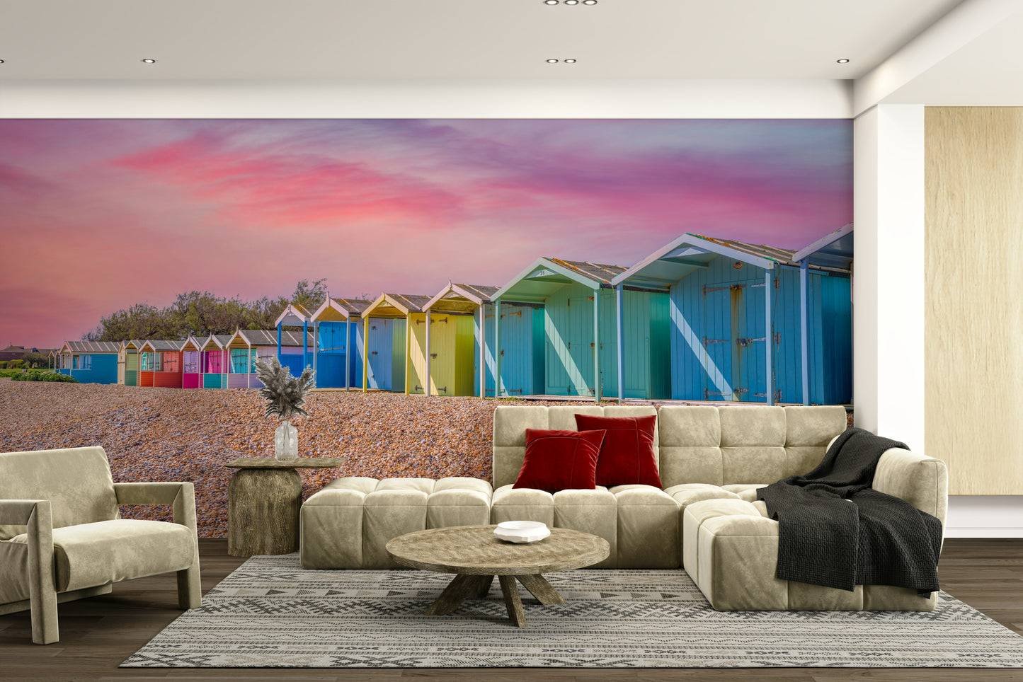 A living room featuring the beach hideaways wall mural.

