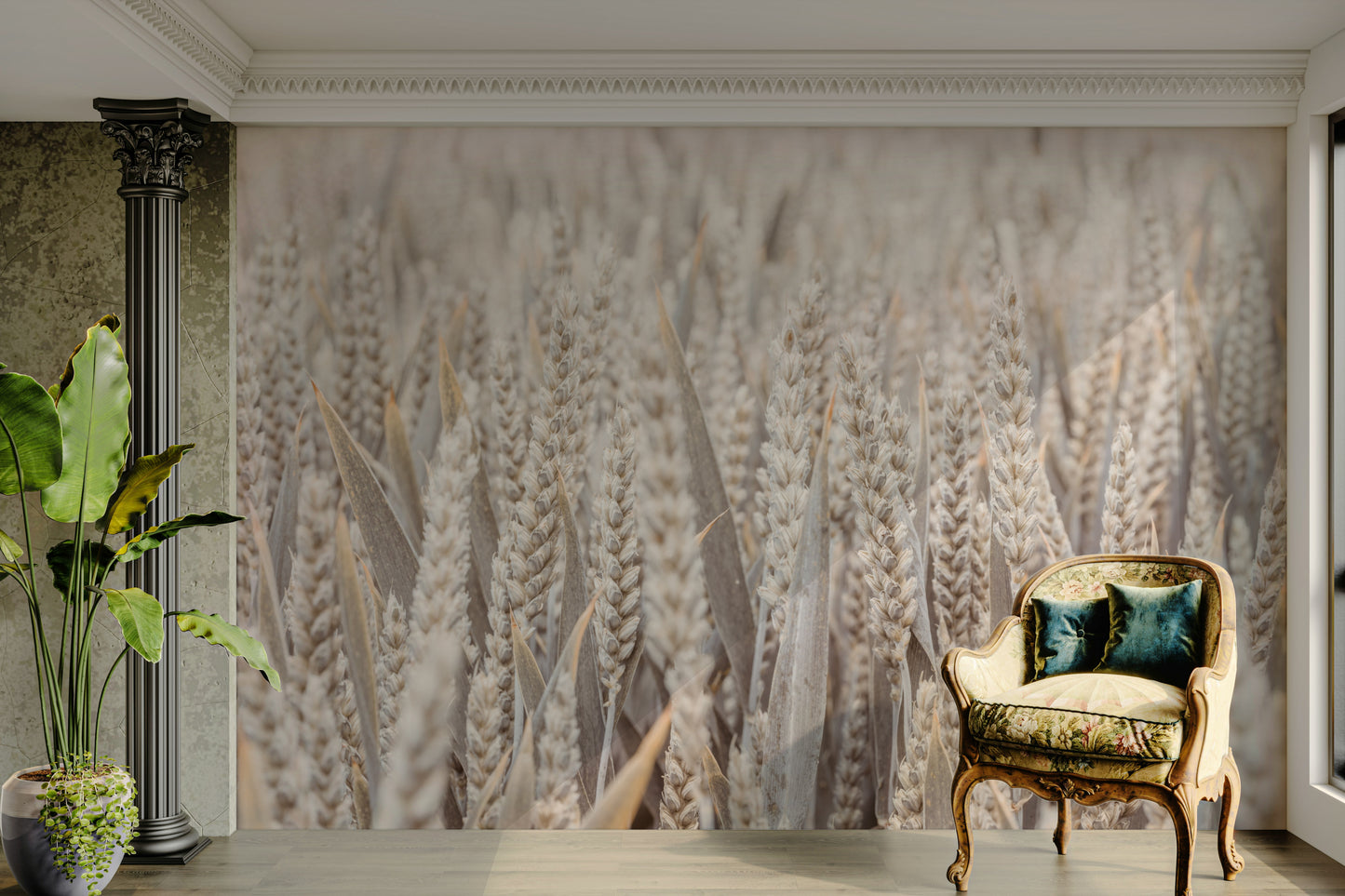 A calming field design wallpaper mural that defines a space.

