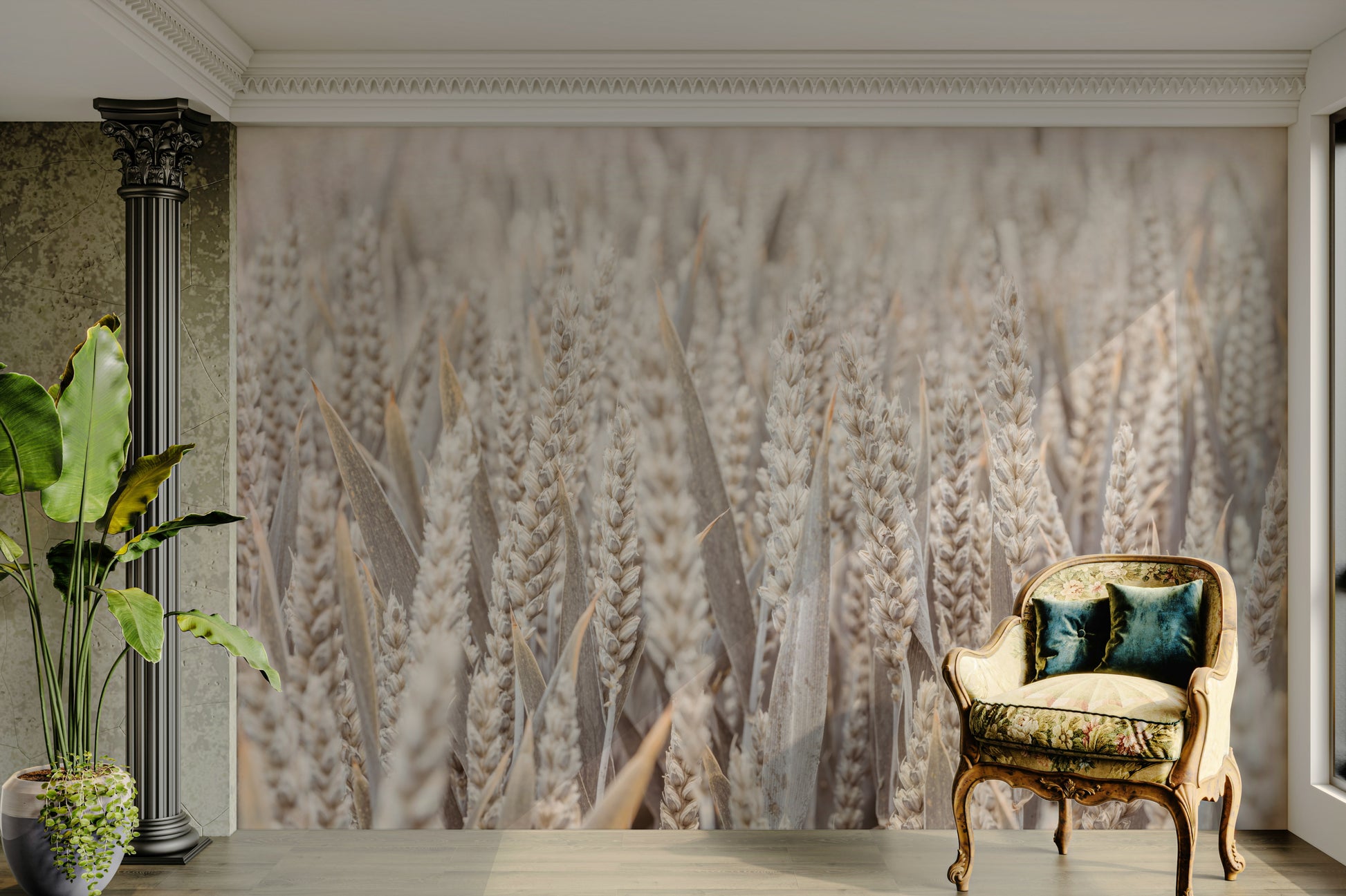 A calming field design wallpaper mural that defines a space.

