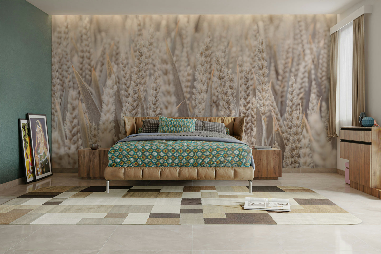 A graceful pastoral scene wall mural in warm, natural tones.

