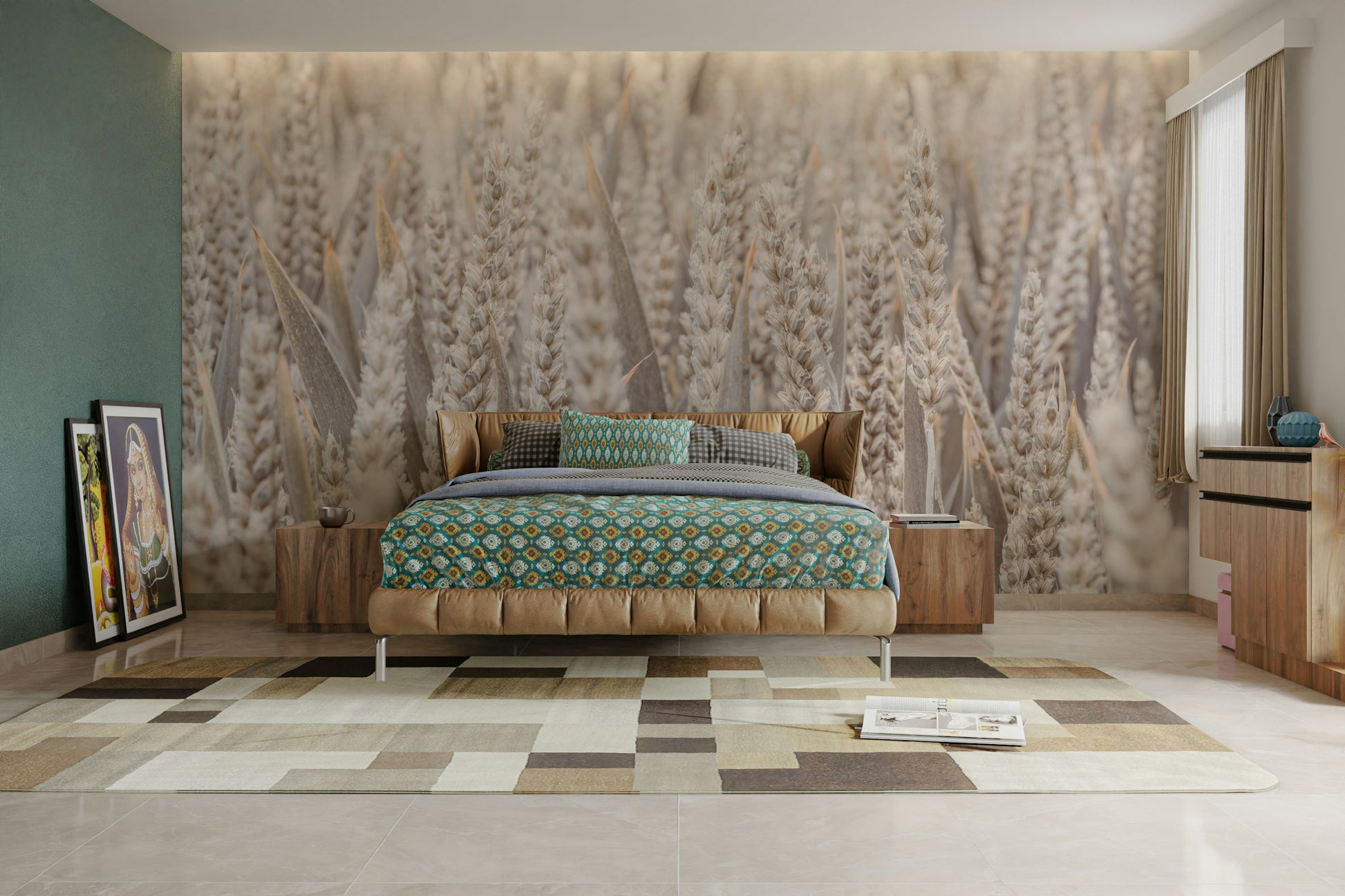 A graceful pastoral scene wall mural in warm, natural tones.

