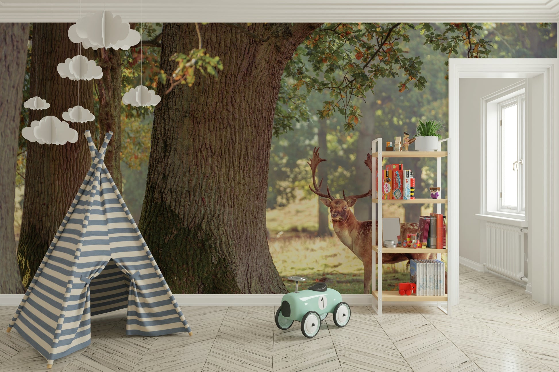 A classic forest scene wallpaper for walls.

