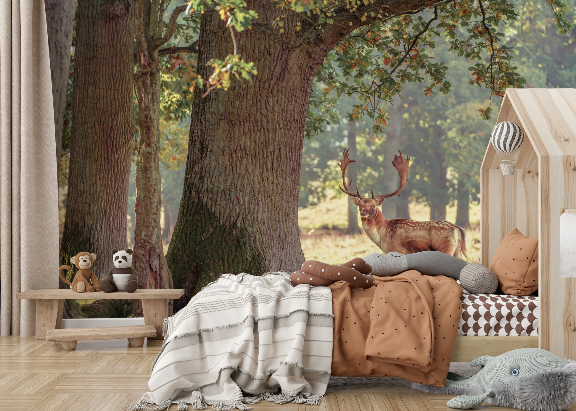 A peaceful tree-lined mural on decorative wallpaper.

