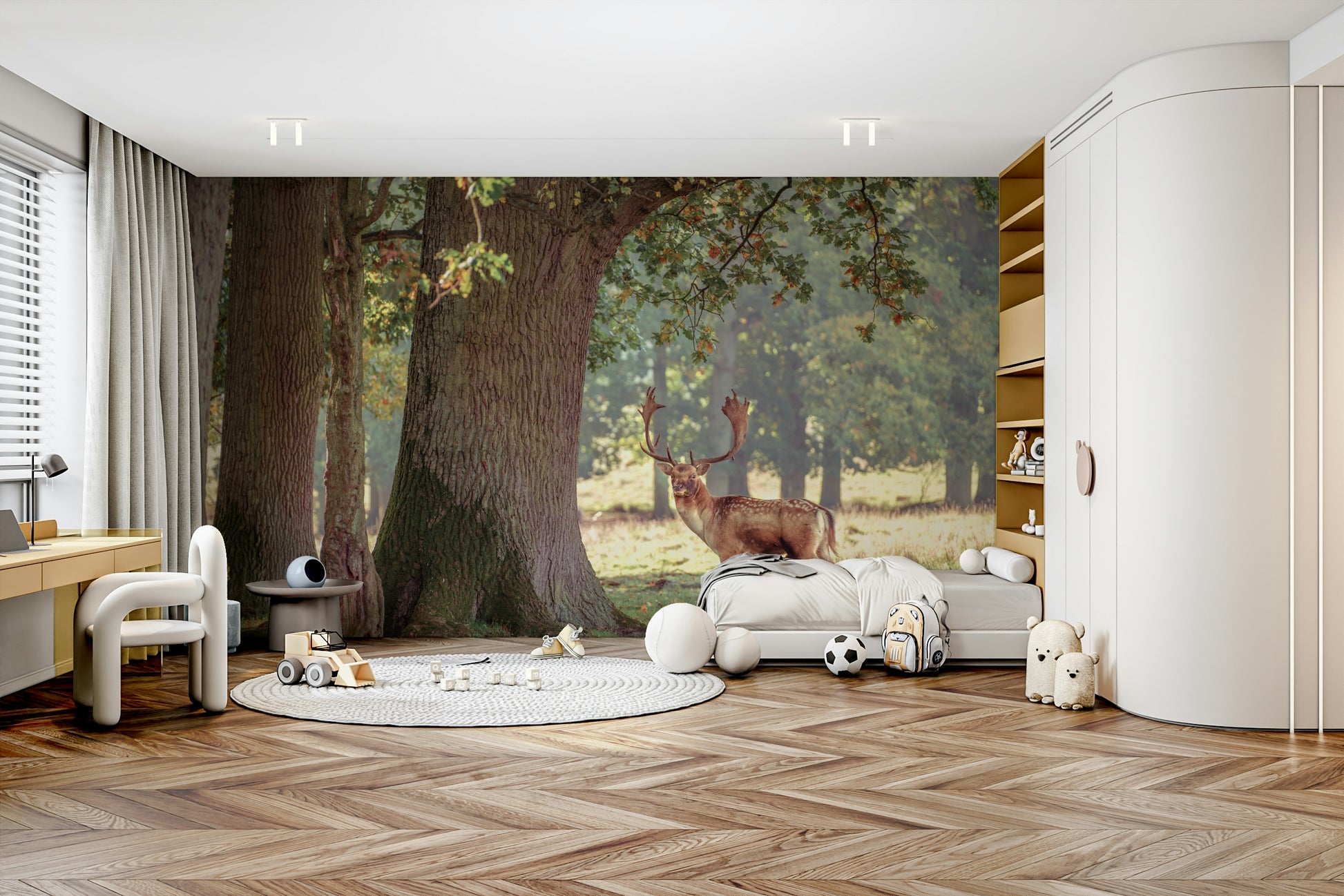 An artistic forest animal mural on scenic wallpaper.

