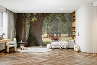 An artistic forest animal mural on scenic wallpaper.

