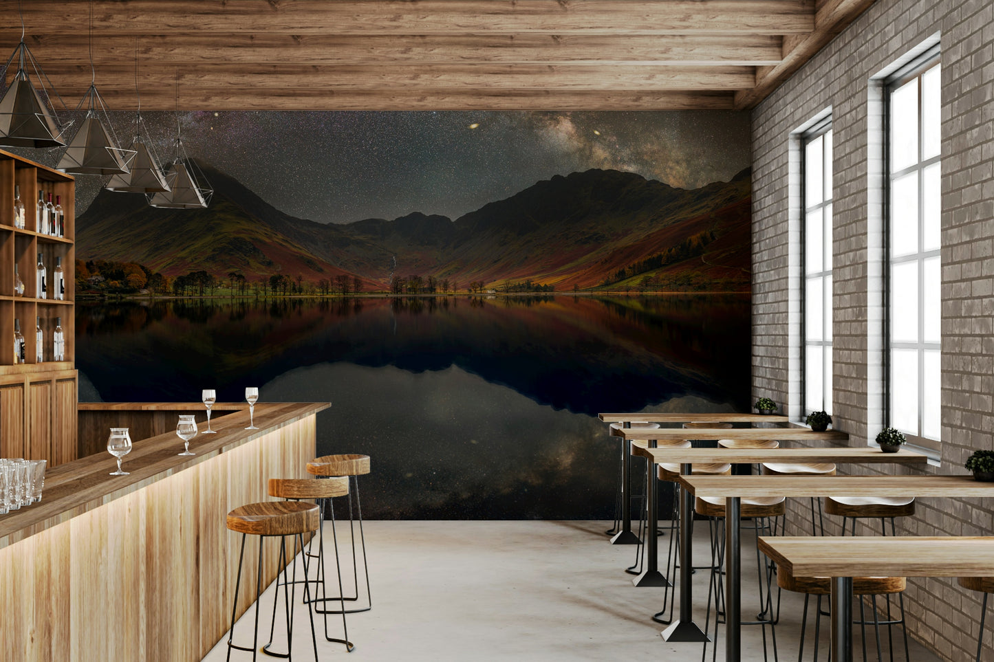 A serene starry night wall mural reflecting in water.

