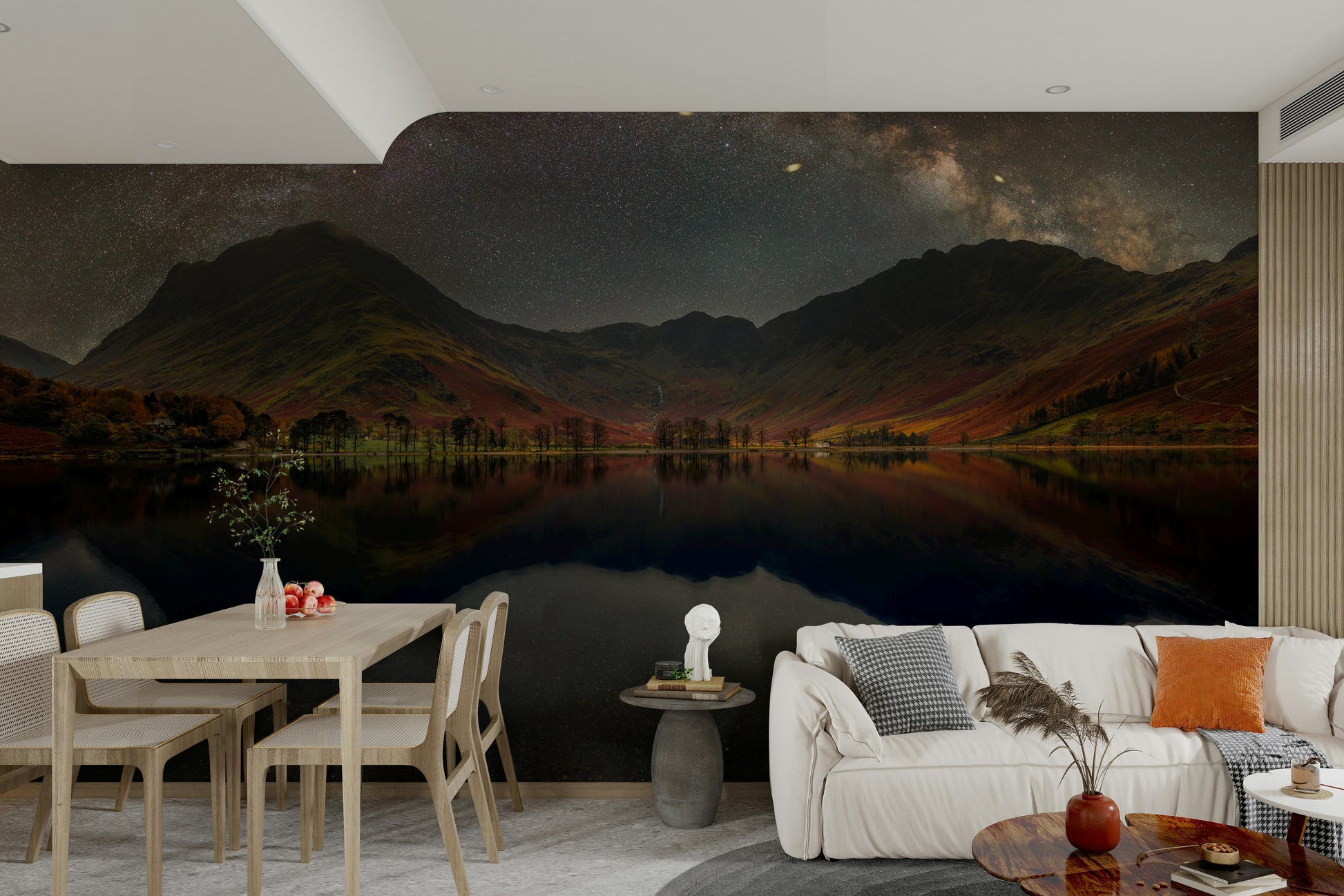 An artistic Milky Way mural on minimalist wallpaper.

