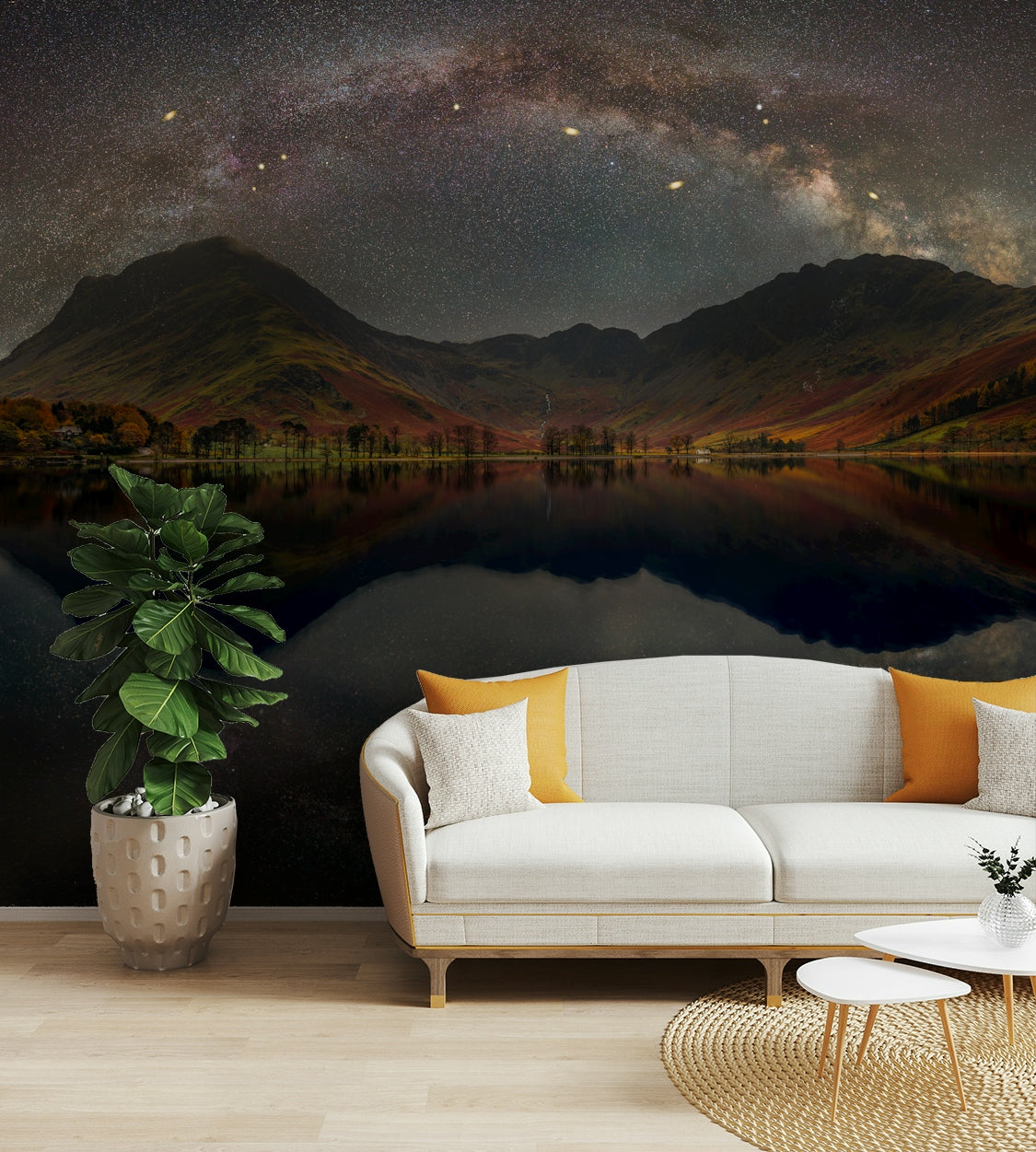 A dramatic mountain range wallpaper mural that defines a space.

