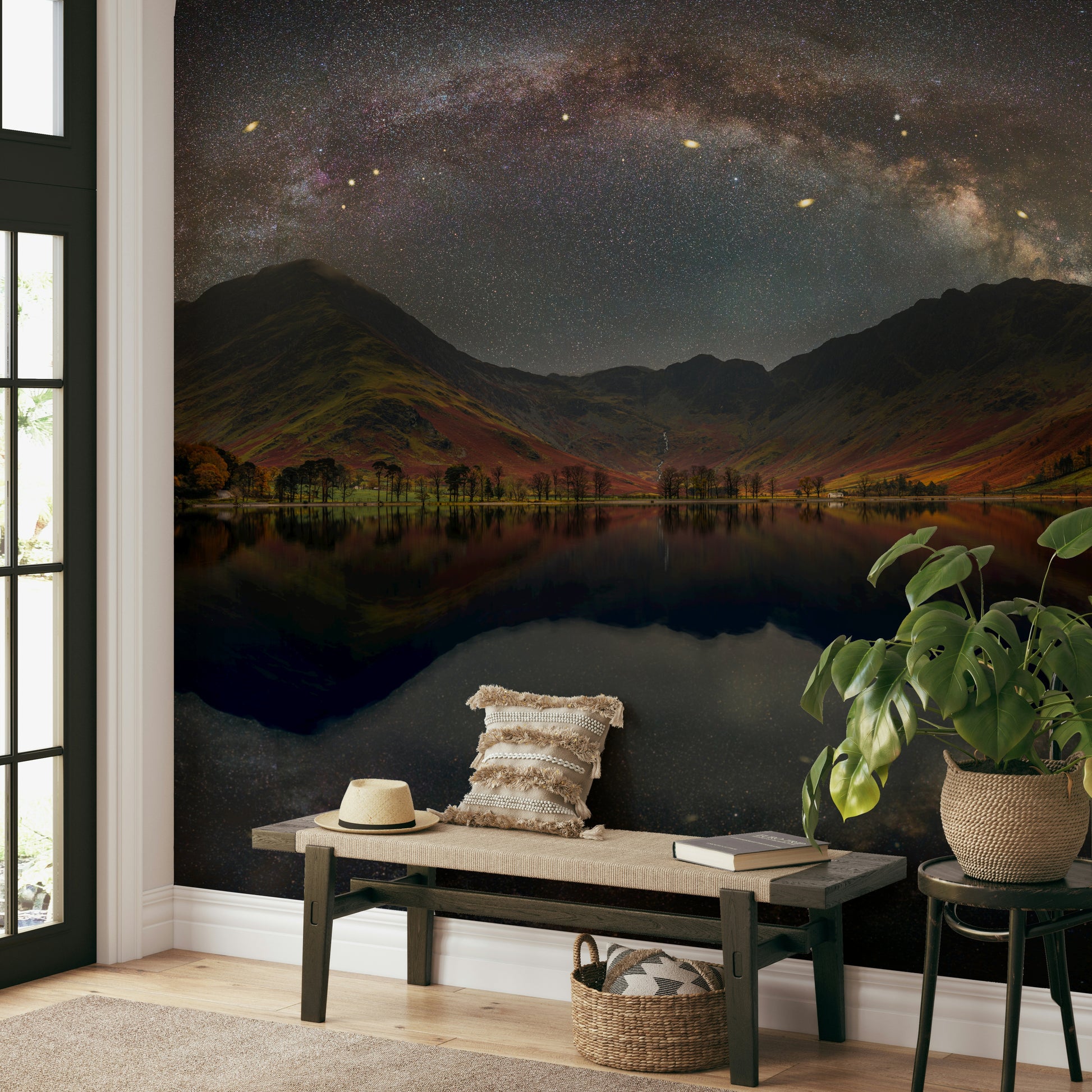 A graceful mountain reflection wall mural in rich tones.

