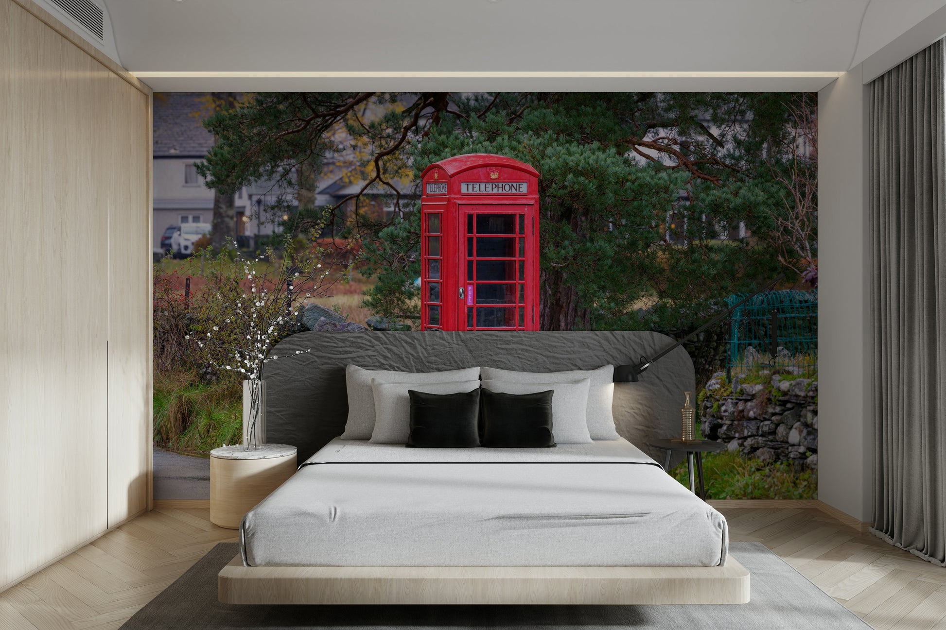 A graceful London street wall mural in rich tones.

