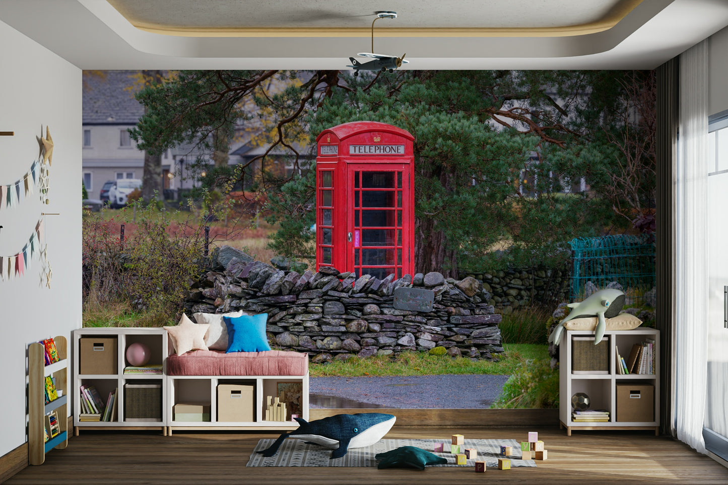 An artistic British icon mural on minimalist wallpaper.

