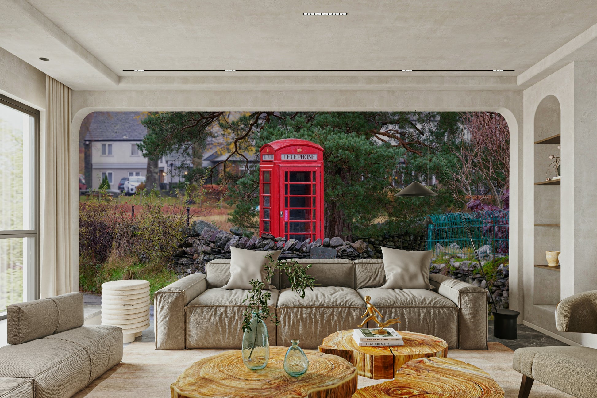 A contemplative red phone box wallpaper mural for a feature wall.

