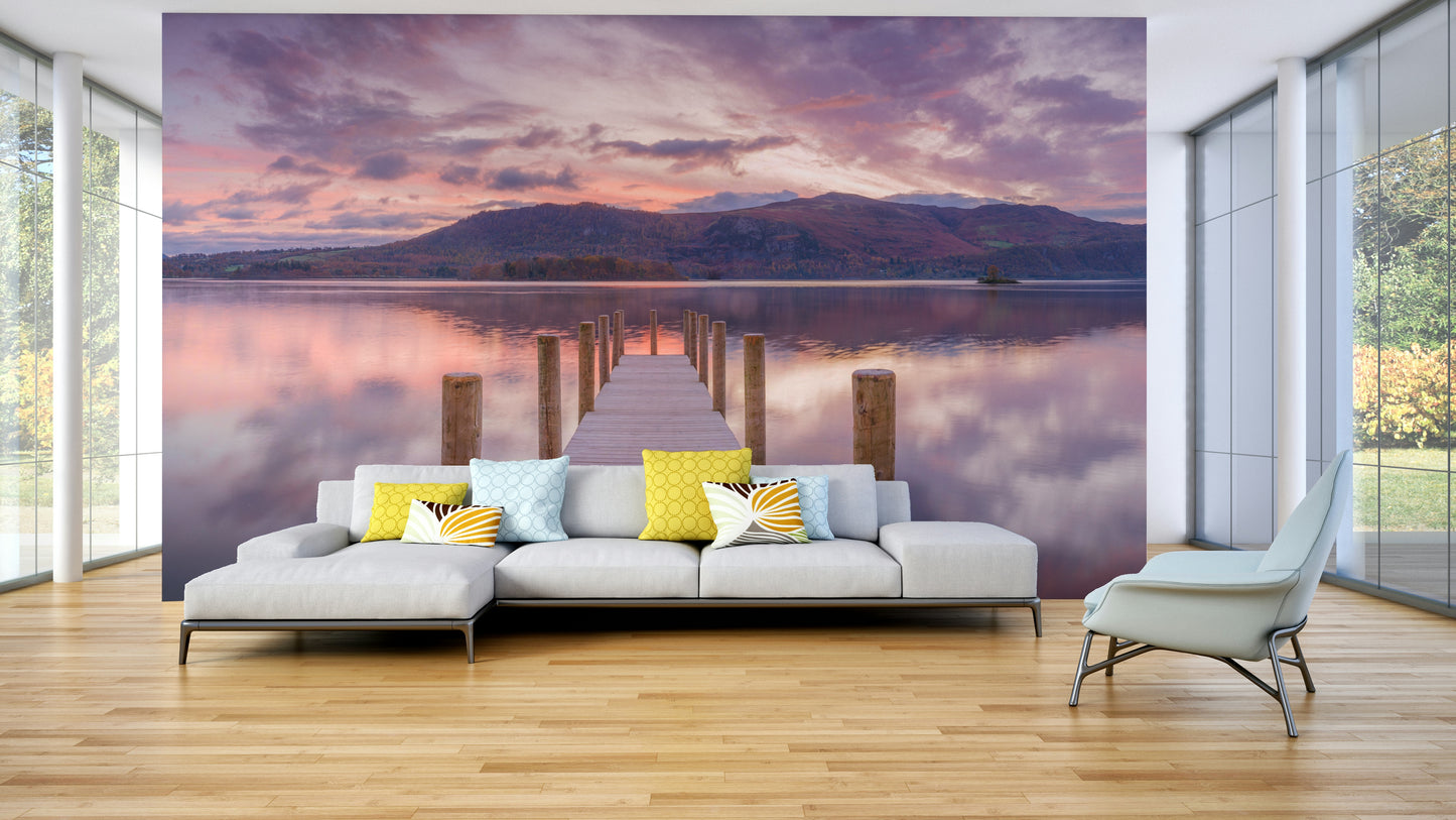 A classic coastal wallpaper for walls with a dock view.

