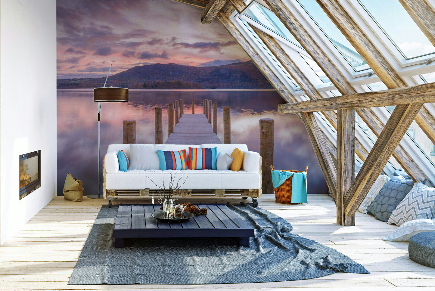 An artistic seaside dock mural on minimalist wallpaper.

