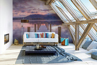 An artistic seaside dock mural on minimalist wallpaper.

