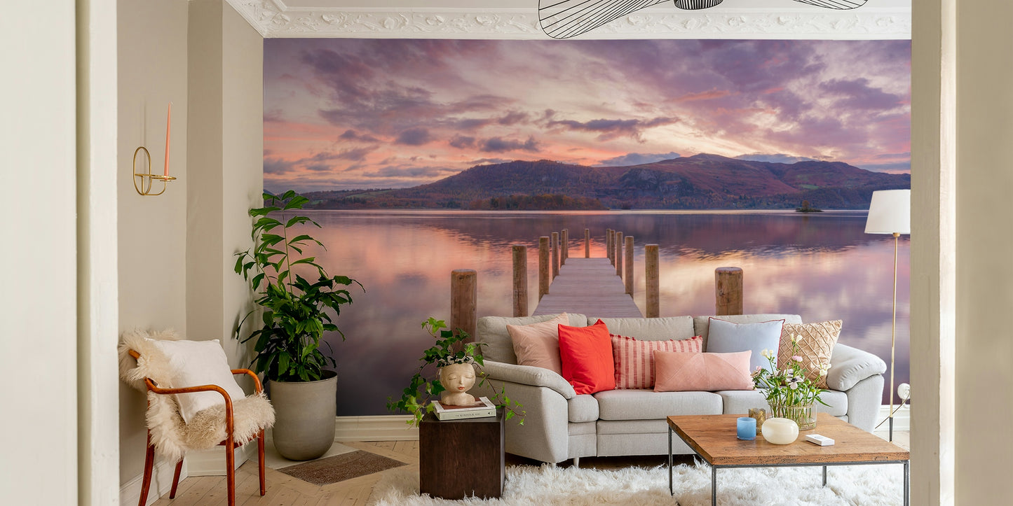 A contemplative twilight dock wallpaper mural for a feature wall.

