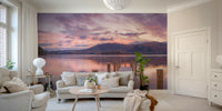 A peaceful waterfront mural on decorative wallpaper.

