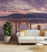 A beautiful serene dock wallpaper mural at twilight.

