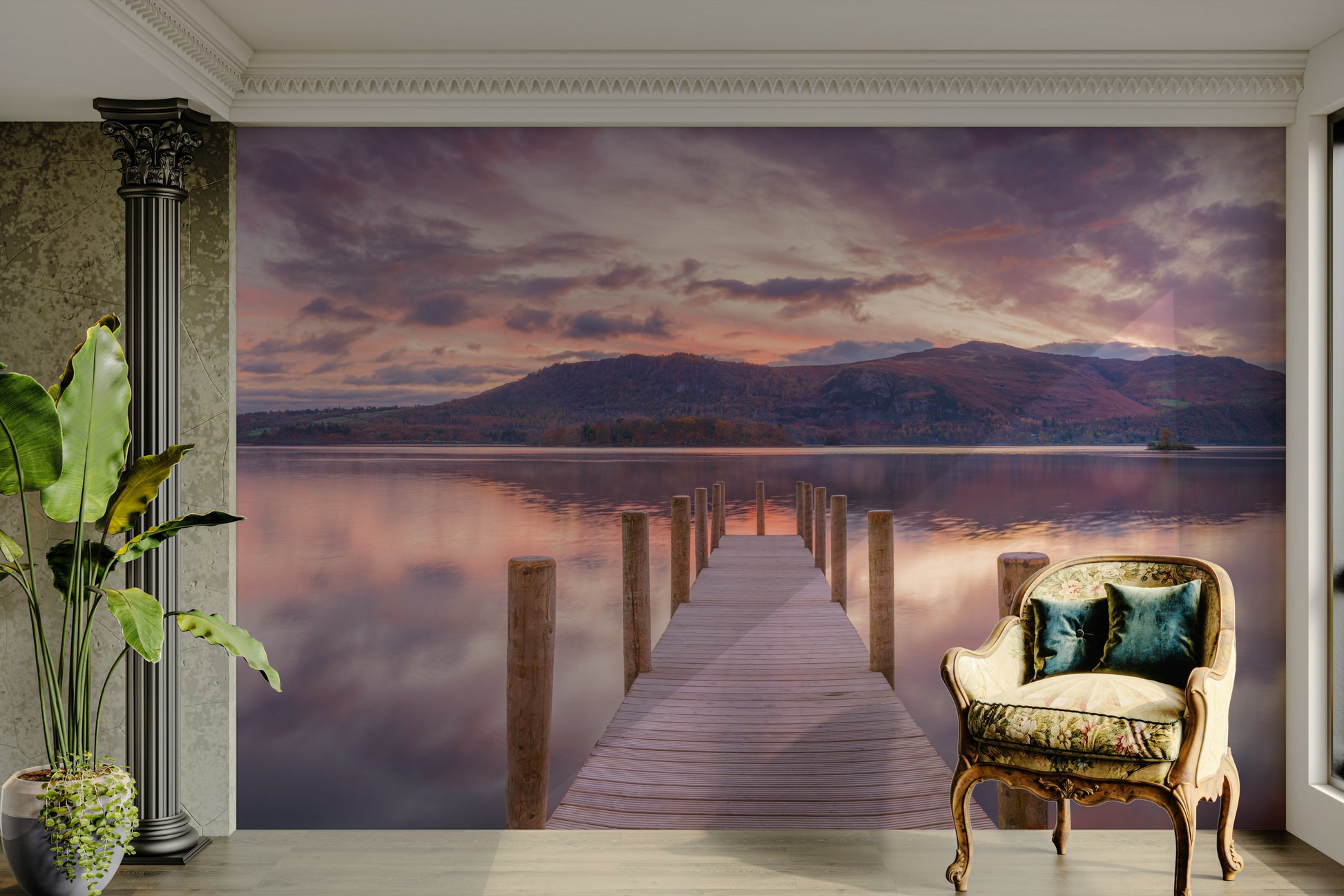 A calming serene dock wallpaper mural that defines a space.


