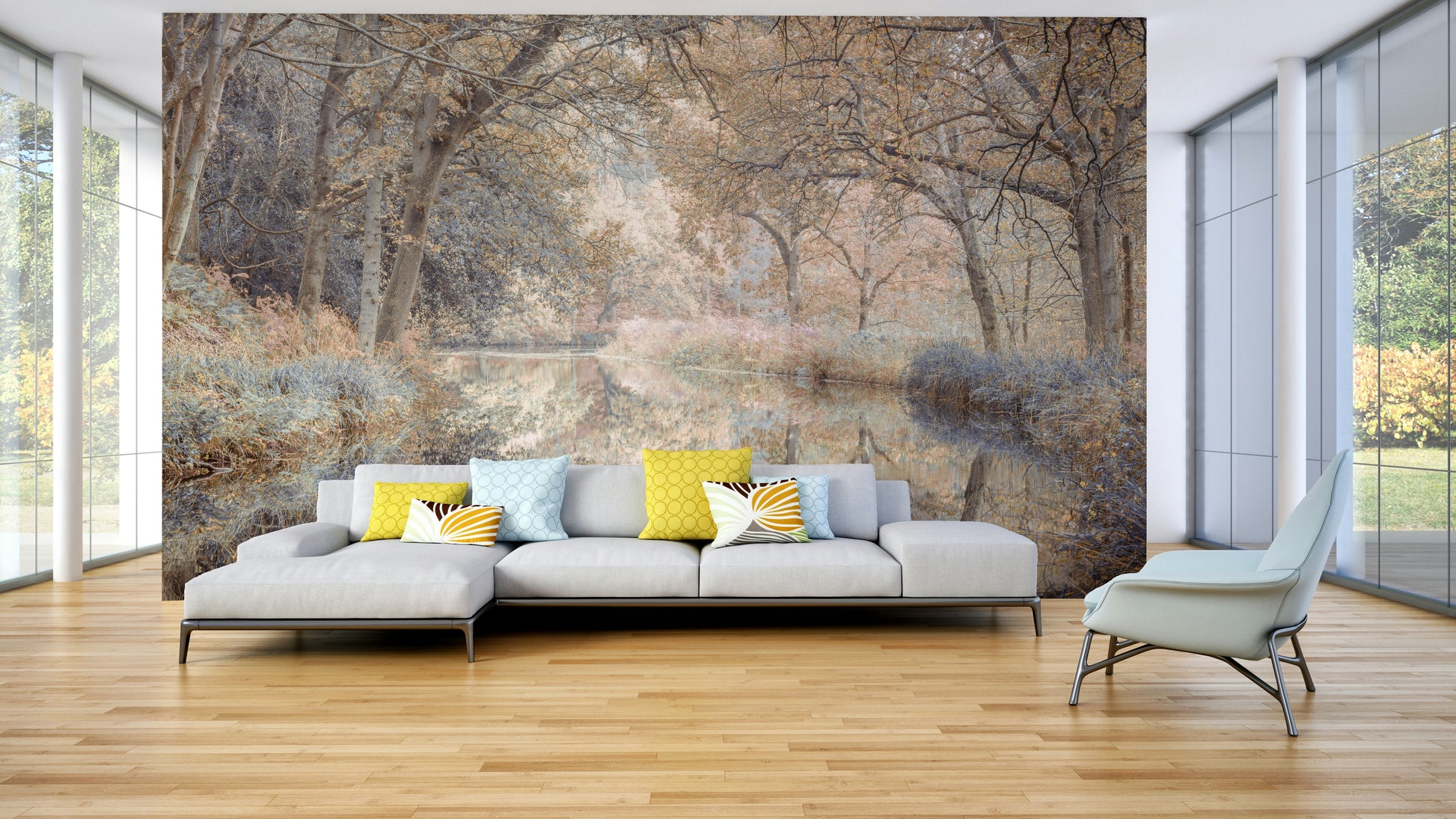 A serene nature scene wall mural in soft, muted tones.


