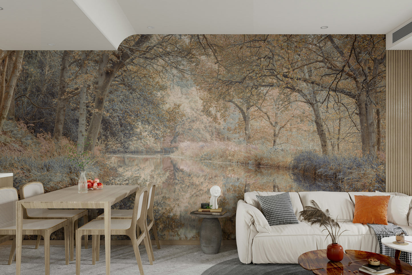 A tranquil river landscape mural on decorative wallpaper.

