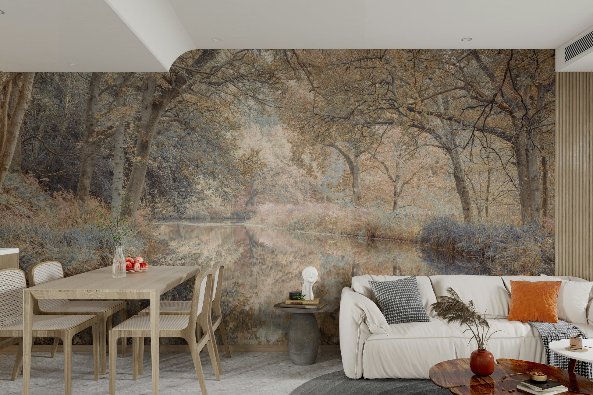 A tranquil river landscape mural on decorative wallpaper.

