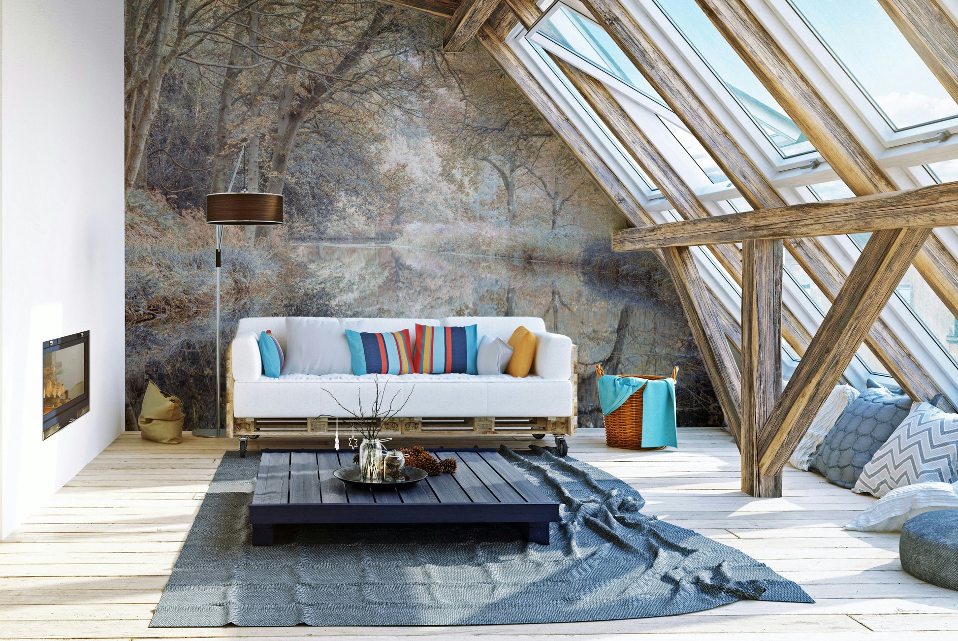 A peaceful forest reflection wallpaper mural for a feature wall.

