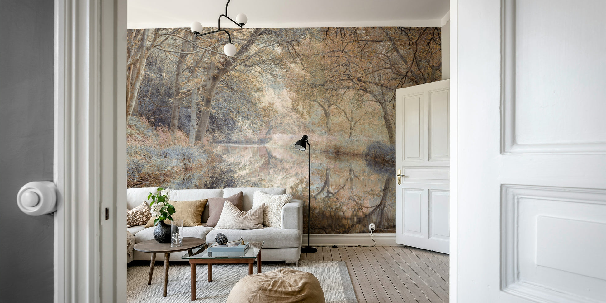 A classic forest wallpaper for walls with still water.

