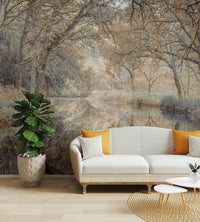 A beautiful reflective lake wall mural for a living room.

