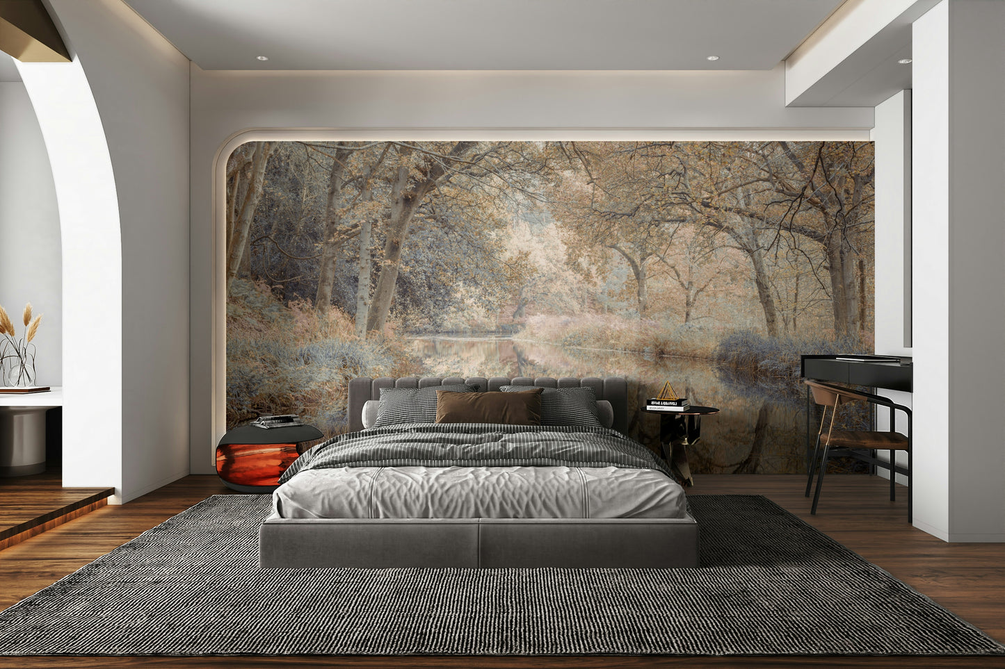 An artistic woodland water mural on scenic wallpaper.

