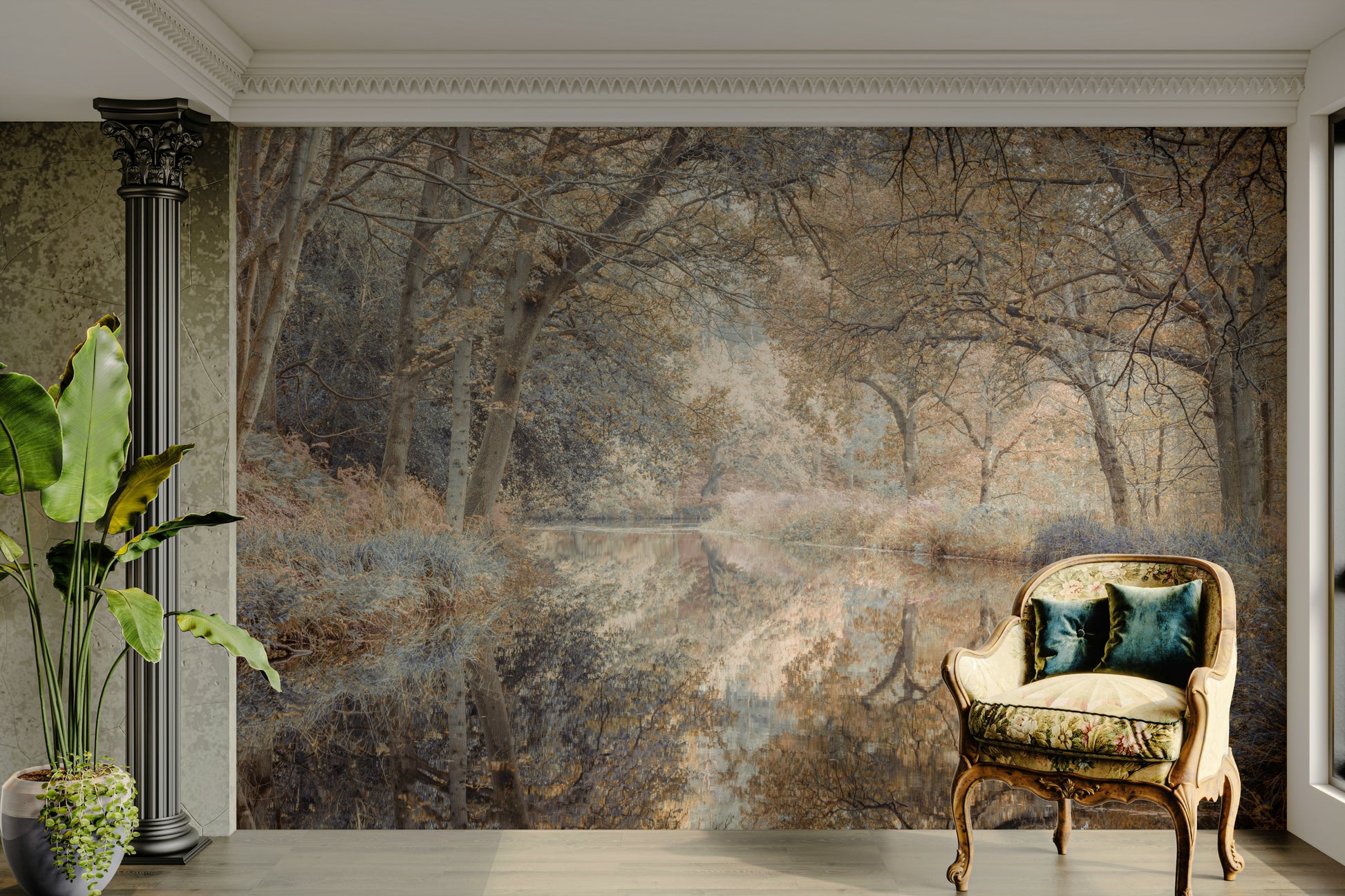 A calming woodland river wallpaper mural that defines a space.

